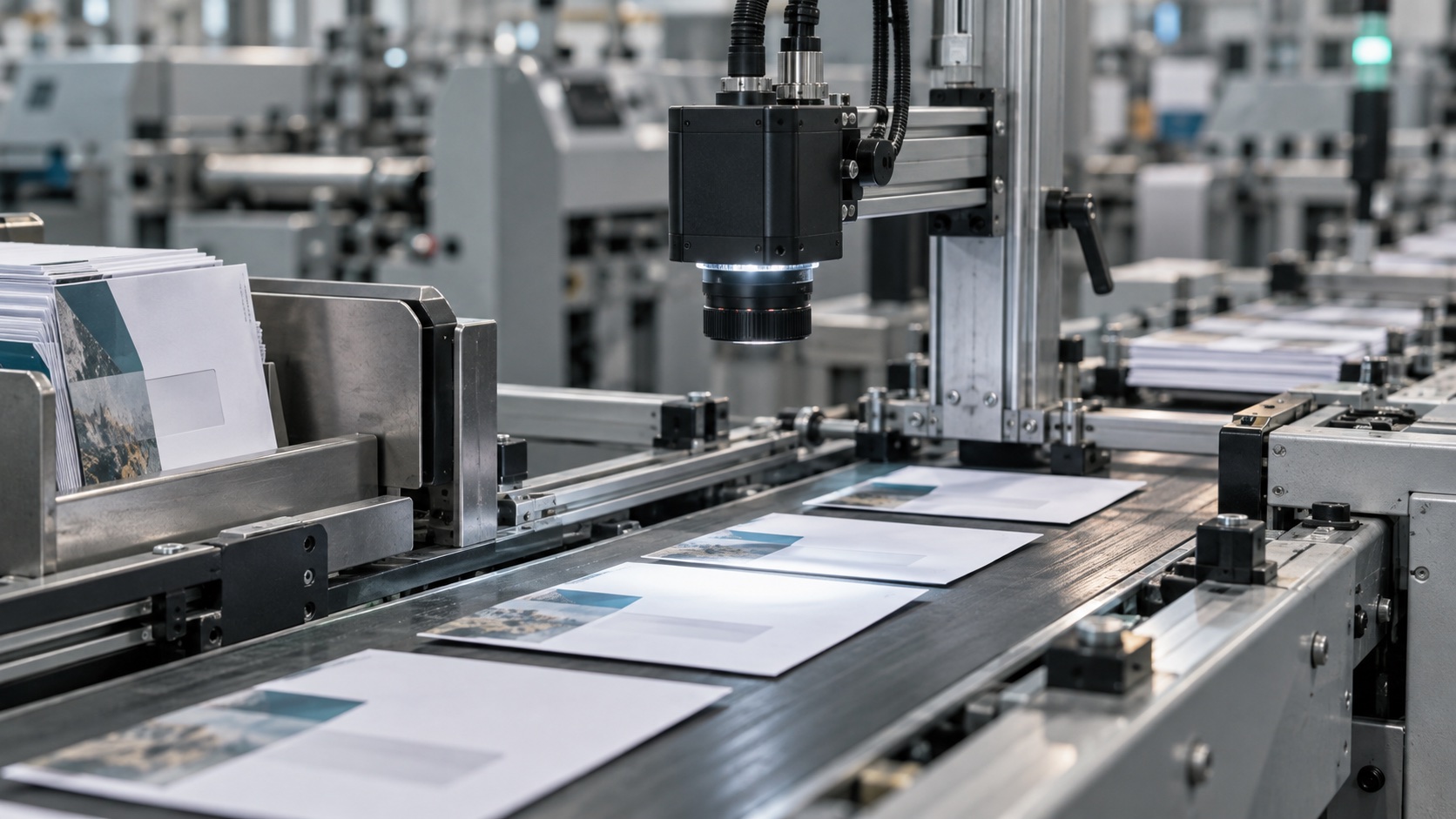 AI-generated illustration of camera inspection on a mail production line